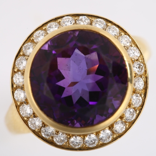 264 - A large Continental 18ct gold amethyst and diamond cluster ring, set with round-cut amethyst and mod... 