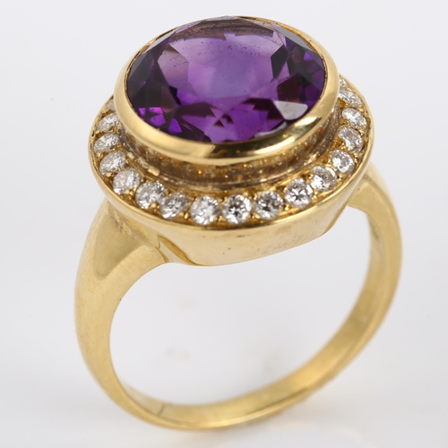 264 - A large Continental 18ct gold amethyst and diamond cluster ring, set with round-cut amethyst and mod... 