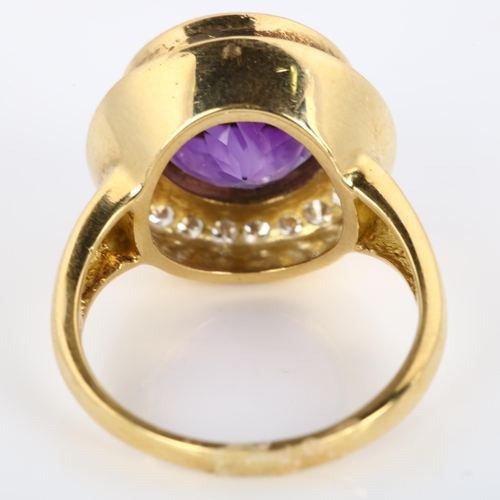 264 - A large Continental 18ct gold amethyst and diamond cluster ring, set with round-cut amethyst and mod... 