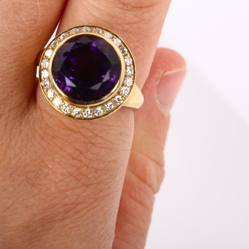 264 - A large Continental 18ct gold amethyst and diamond cluster ring, set with round-cut amethyst and mod... 