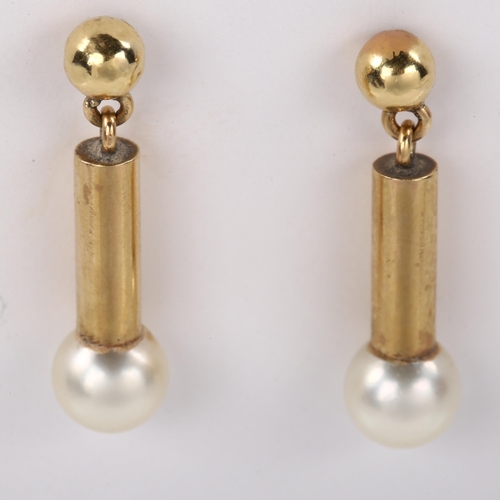 269 - A pair of 9ct gold pearl drop earrings, with stud fittings, earring height 27.4mm, 3.4g