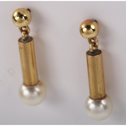 269 - A pair of 9ct gold pearl drop earrings, with stud fittings, earring height 27.4mm, 3.4g