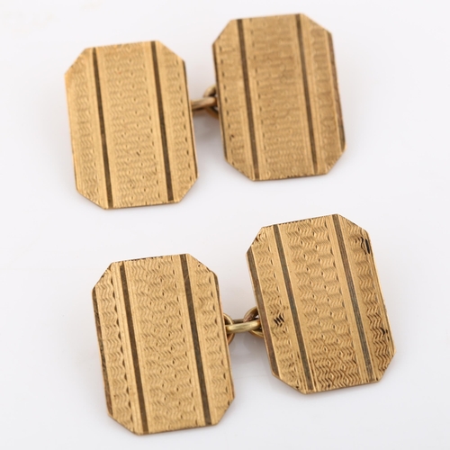 272 - A pair of Art Deco 9ct rose gold octagonal cufflinks, engine turned decoration, panel length 16mm, 3... 