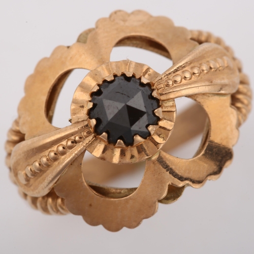 274 - A late 20th century 9ct rose gold black diamond dress ring, set with round rose-cut diamond, setting... 