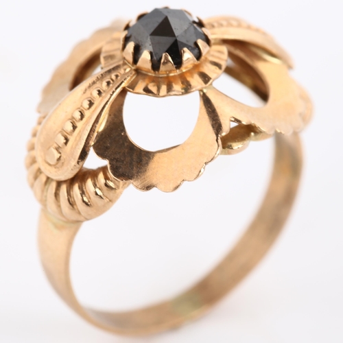 274 - A late 20th century 9ct rose gold black diamond dress ring, set with round rose-cut diamond, setting... 