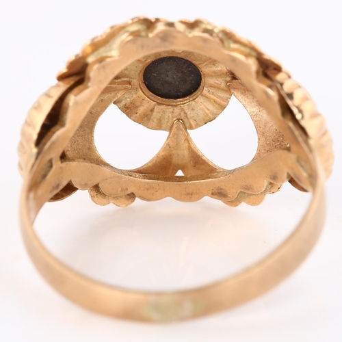 274 - A late 20th century 9ct rose gold black diamond dress ring, set with round rose-cut diamond, setting... 