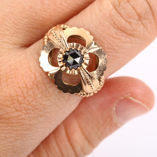 274 - A late 20th century 9ct rose gold black diamond dress ring, set with round rose-cut diamond, setting... 