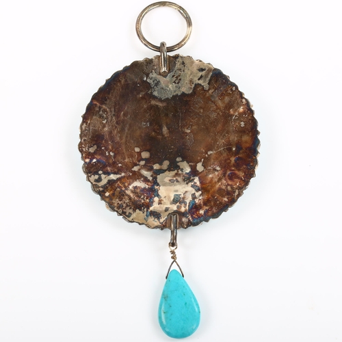 281 - A large Native American Navajo turquoise drop pendant, unmarked silver closed-back settings, pendant... 