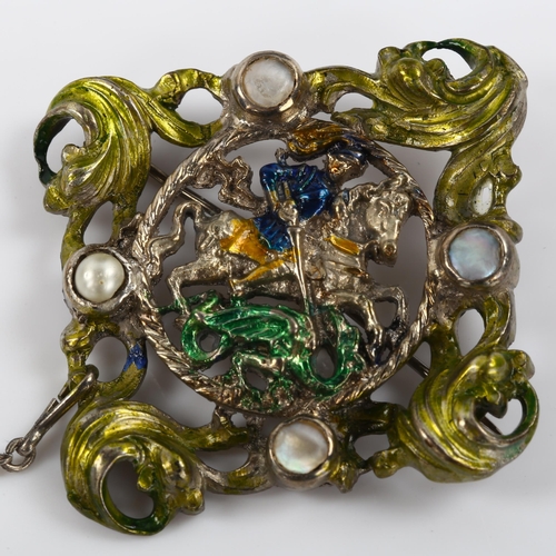 282 - An Austro-Hungarian blister pearl and enamel St George and the Dragon brooch, unmarked silver settin... 