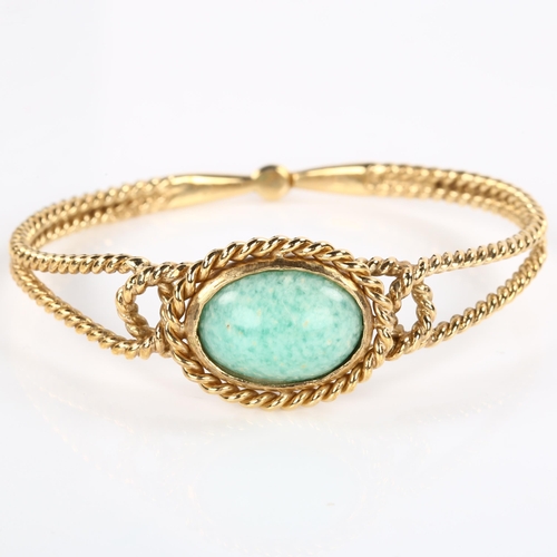 287 - A late 20th century 9ct gold Amazonite bracelet, rope twist surround with torque clasp, hallmarks Lo... 