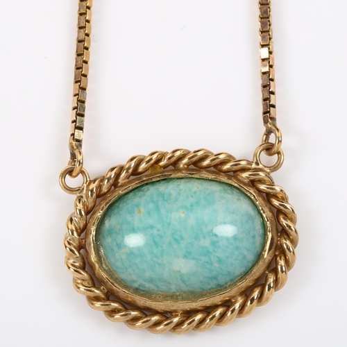 288 - A late 20th century 9ct gold Amazonite pendant necklace, in rope twist surround with 9ct box link ch... 