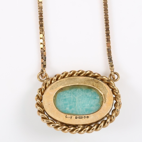 288 - A late 20th century 9ct gold Amazonite pendant necklace, in rope twist surround with 9ct box link ch... 