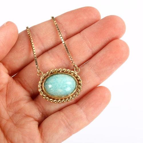 288 - A late 20th century 9ct gold Amazonite pendant necklace, in rope twist surround with 9ct box link ch... 