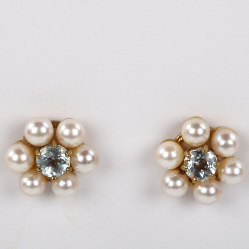 296 - A pair of late 20th century 9ct gold aquamarine and pearl cluster earrings, with stud fittings, hall... 