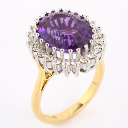 299 - A late 20th century 18ct gold amethyst and diamond cluster ring, set with oval mixed-cut amethyst an... 