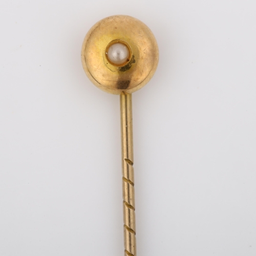 302 - A Victorian 15ct gold split pearl stickpin, head diameter 8mm, overall length 53.4mm, 1.1g