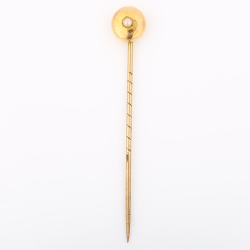 302 - A Victorian 15ct gold split pearl stickpin, head diameter 8mm, overall length 53.4mm, 1.1g