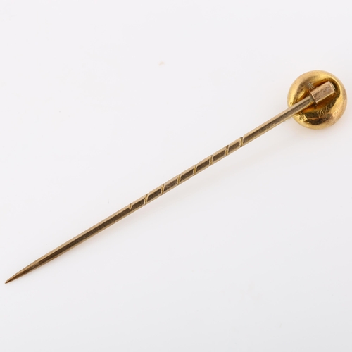 302 - A Victorian 15ct gold split pearl stickpin, head diameter 8mm, overall length 53.4mm, 1.1g