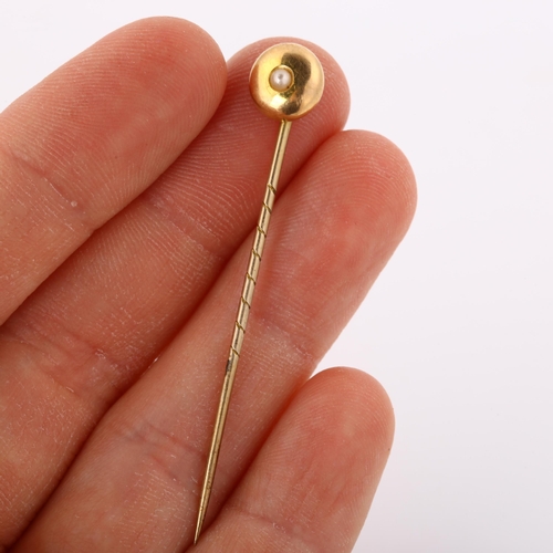 302 - A Victorian 15ct gold split pearl stickpin, head diameter 8mm, overall length 53.4mm, 1.1g