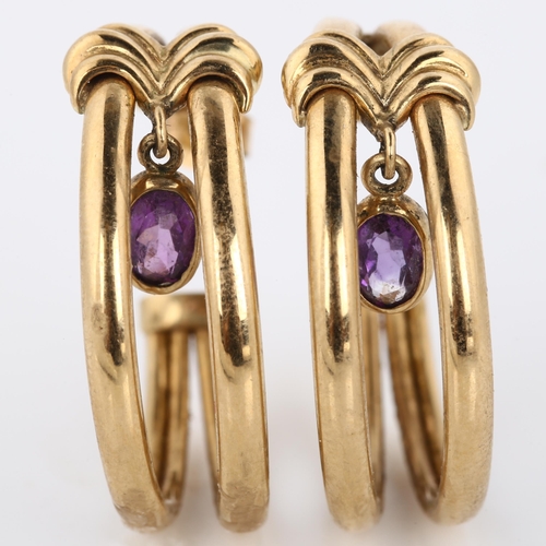 305 - A pair of 9ct gold amethyst drop hoop earrings, earring diameter 28.5mm, 6.6g