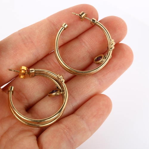 305 - A pair of 9ct gold amethyst drop hoop earrings, earring diameter 28.5mm, 6.6g