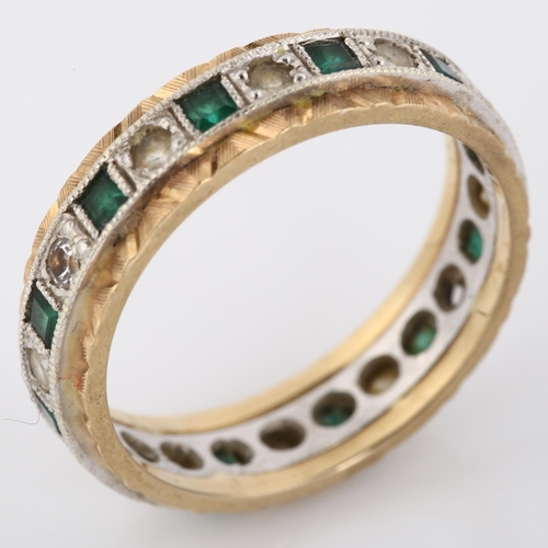 306 - A 9ct yellow and white gold emerald and white sapphire eternity ring, band width 5.6mm, size Q, 4.2g