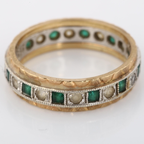 306 - A 9ct yellow and white gold emerald and white sapphire eternity ring, band width 5.6mm, size Q, 4.2g