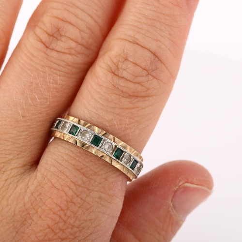 306 - A 9ct yellow and white gold emerald and white sapphire eternity ring, band width 5.6mm, size Q, 4.2g