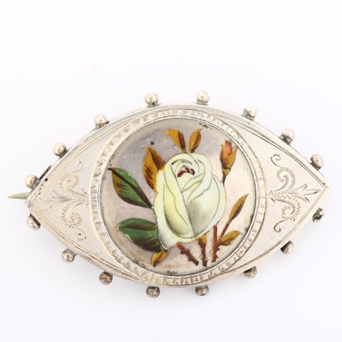 311 - A Victorian hand painted enamel rose brooch, unmarked silver settings with bead edge decoration, bro... 