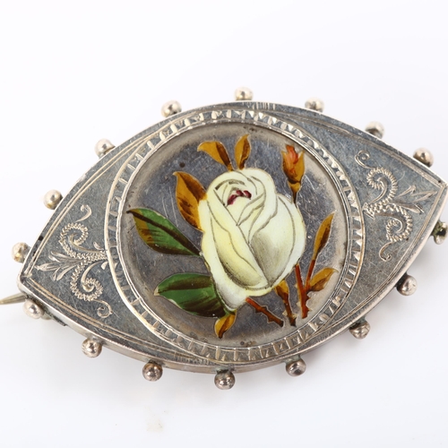 311 - A Victorian hand painted enamel rose brooch, unmarked silver settings with bead edge decoration, bro... 