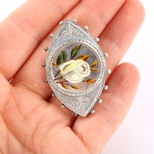 311 - A Victorian hand painted enamel rose brooch, unmarked silver settings with bead edge decoration, bro... 