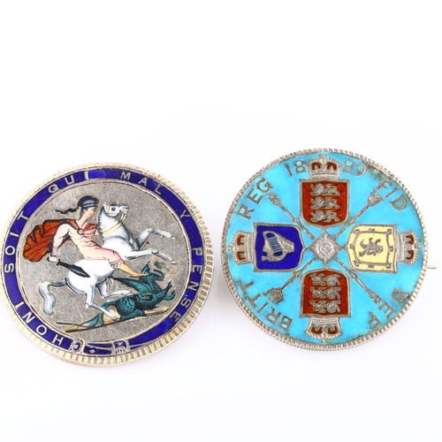 312 - 2 Antique novelty enamel coin brooches, comprising George III crown and Victoria 1889 crown, largest... 