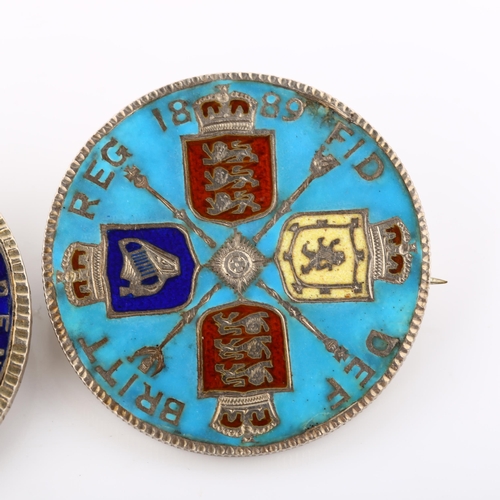 312 - 2 Antique novelty enamel coin brooches, comprising George III crown and Victoria 1889 crown, largest... 