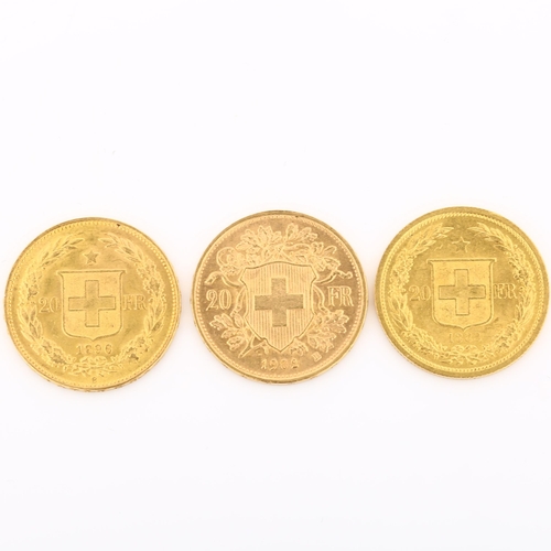 316 - 3 Switzerland 20 francs gold coins, comprising 1883, 1896 and 1902, 19.3g total (3)