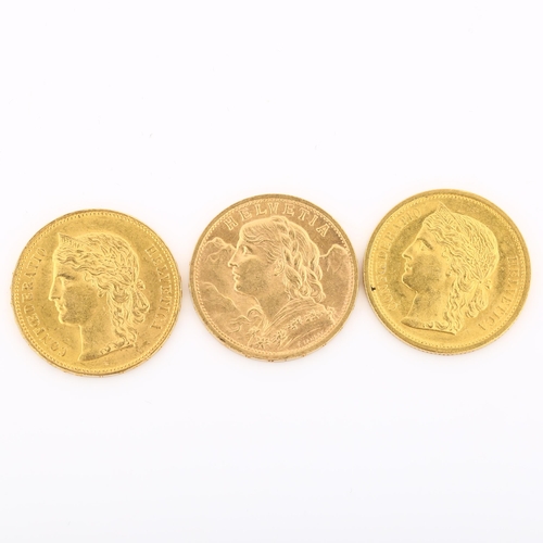 316 - 3 Switzerland 20 francs gold coins, comprising 1883, 1896 and 1902, 19.3g total (3)