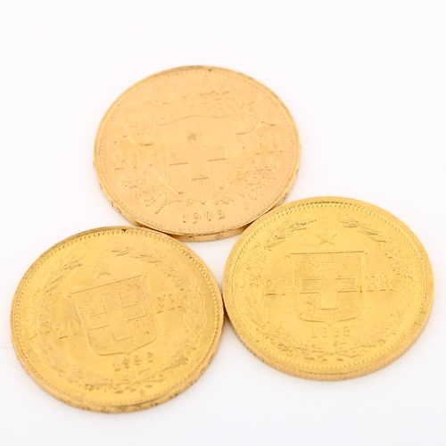 316 - 3 Switzerland 20 francs gold coins, comprising 1883, 1896 and 1902, 19.3g total (3)