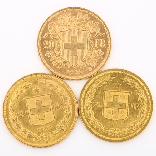 316 - 3 Switzerland 20 francs gold coins, comprising 1883, 1896 and 1902, 19.3g total (3)