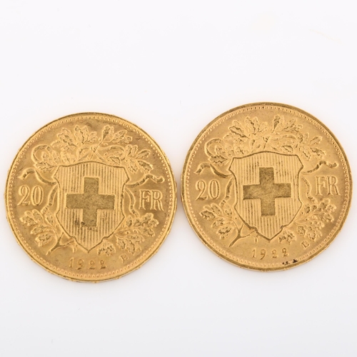 317 - 2 Switzerland 20 francs gold coins, both 1922, 12.9g total (2)