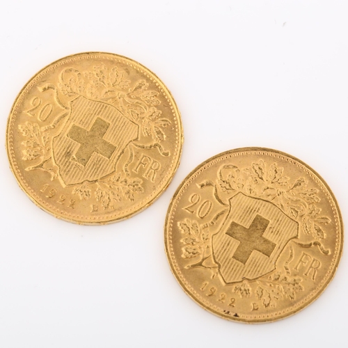 317 - 2 Switzerland 20 francs gold coins, both 1922, 12.9g total (2)