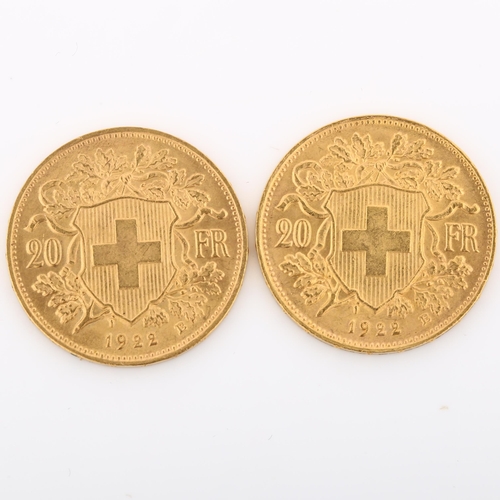 318 - 2 Switzerland 20 francs gold coins, both 1922, 12.9g total (2)