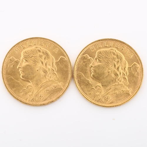 318 - 2 Switzerland 20 francs gold coins, both 1922, 12.9g total (2)