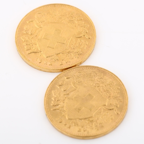 318 - 2 Switzerland 20 francs gold coins, both 1922, 12.9g total (2)