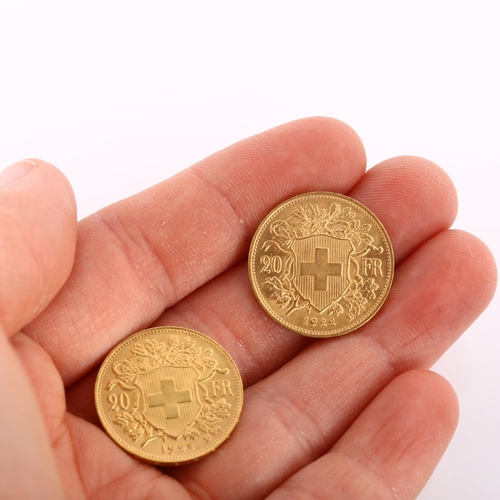 318 - 2 Switzerland 20 francs gold coins, both 1922, 12.9g total (2)