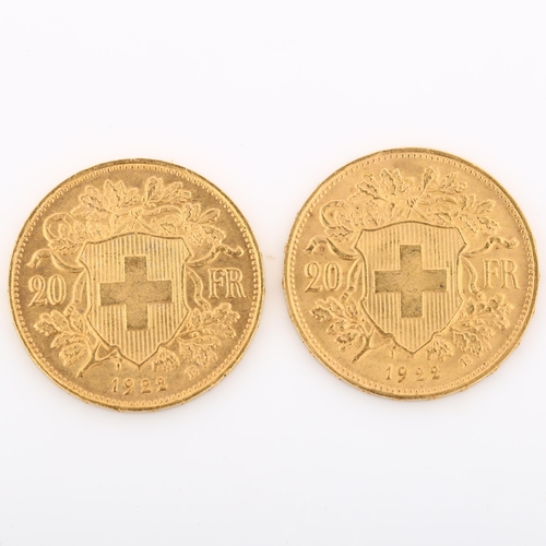 319 - 2 Switzerland 20 francs gold coins, both 1922, 12.9g total (2)