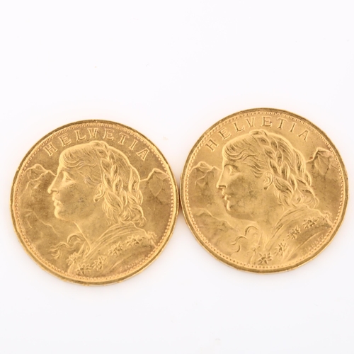 319 - 2 Switzerland 20 francs gold coins, both 1922, 12.9g total (2)