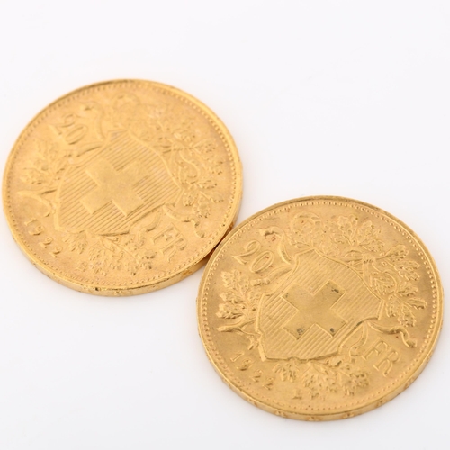 319 - 2 Switzerland 20 francs gold coins, both 1922, 12.9g total (2)