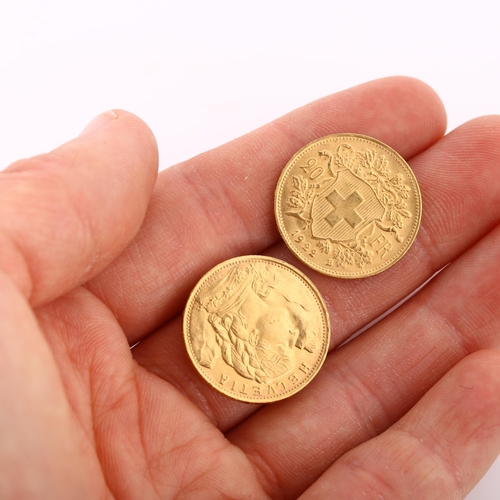 319 - 2 Switzerland 20 francs gold coins, both 1922, 12.9g total (2)