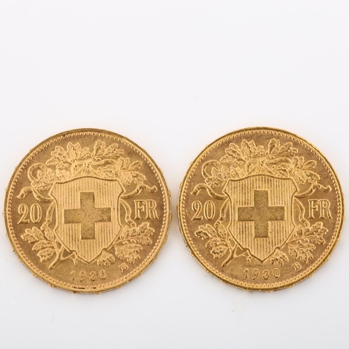 320 - 2 Switzerland 20 francs gold coins, both 1930, 12.9g total (2)