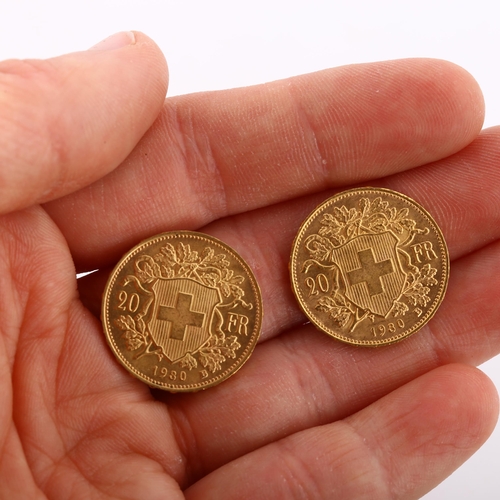 320 - 2 Switzerland 20 francs gold coins, both 1930, 12.9g total (2)