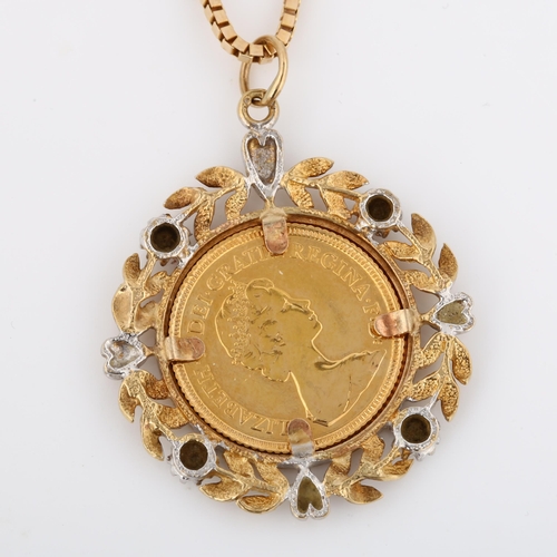 324 - An Elizabeth II 1982 gold half sovereign coin, in 9ct pendant mount, with 9ct box link chain, pendan... 